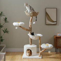 Modern Cat Tree for Large Cats Wood Cat Tower with Wicker Baskets Bed Scratching Posts Soft Hammock Luxury Boho Cat Furniture