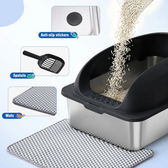 JHK 24IN Stainless Steel Cat Litter Box with Lid Large Cat Litter Box for Big Cats Anti-Urine Leakage Scoop and Mat Included
