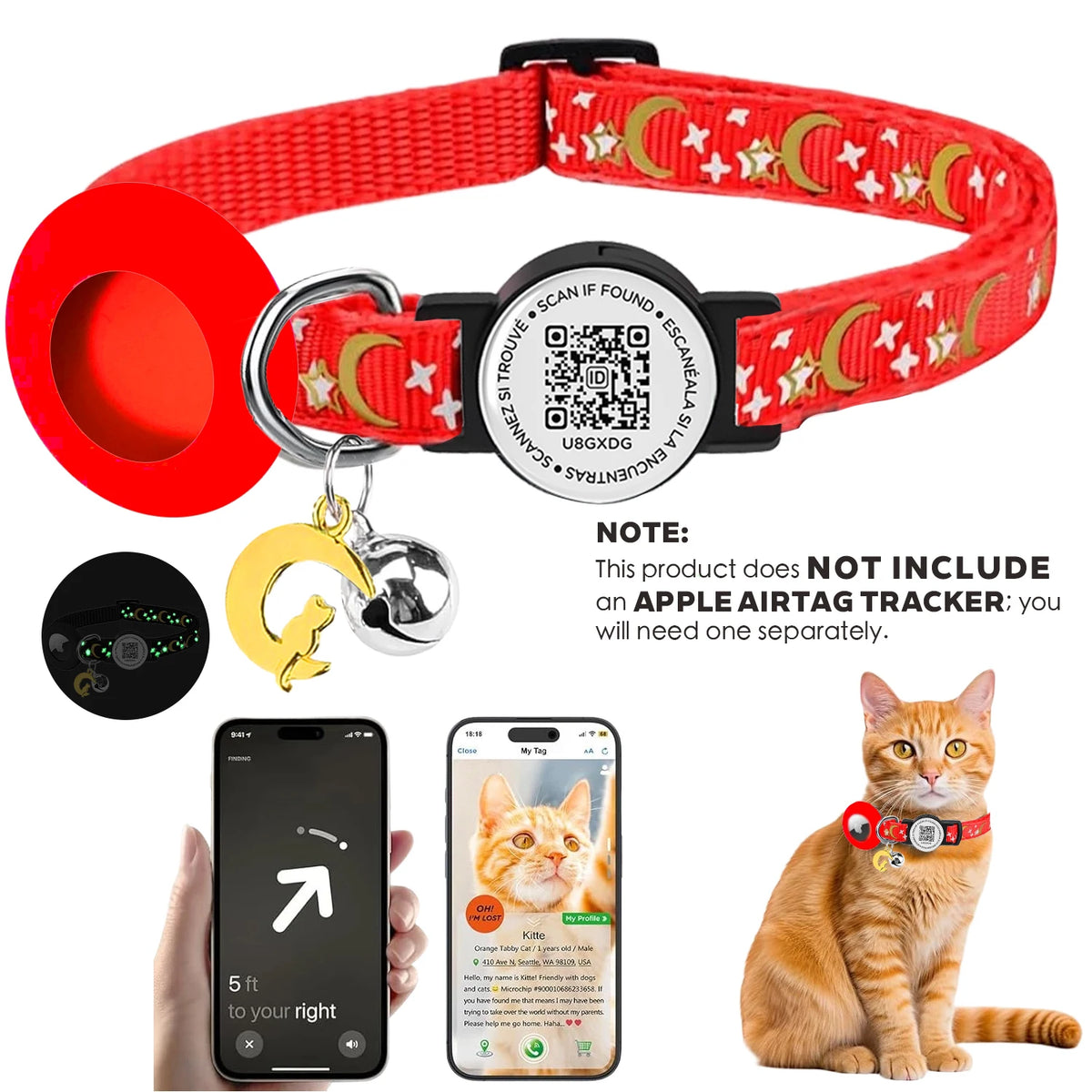 Cute Cat Collar with Airtag Case for Apple AirTag, Silicone GPS Tracker Holder, Reflective Pet Collar with Bell & QR Pet Tag