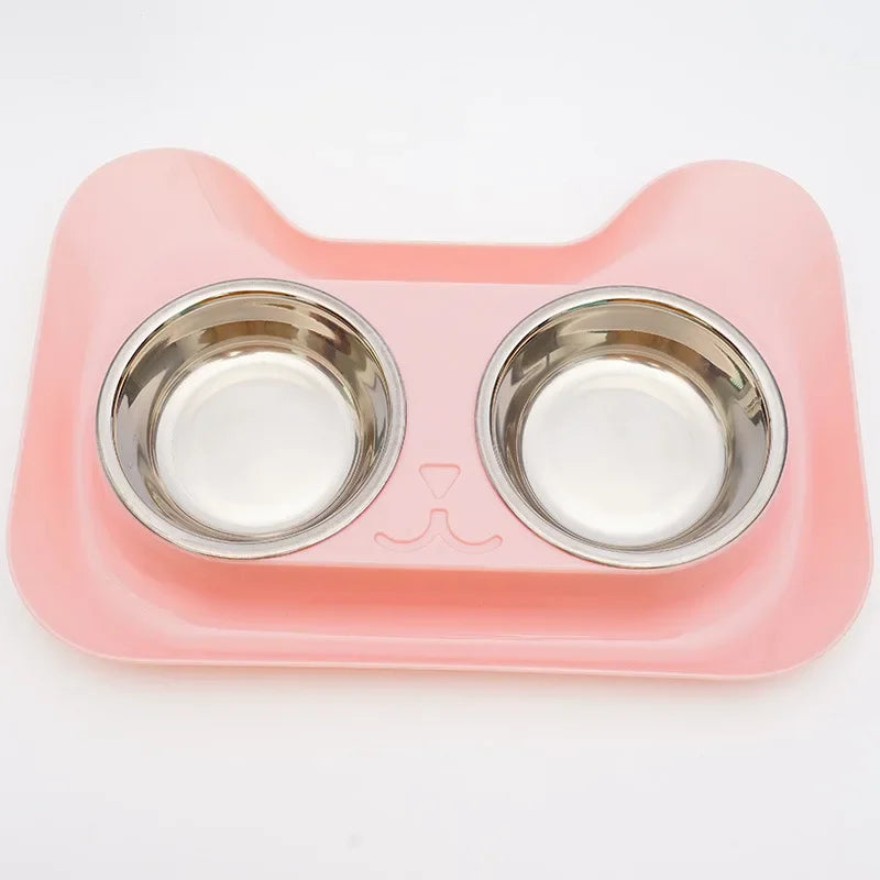 1pc Stainless Steel Double Cat Dog Bowl Cat Food Container Non-slip Base Pet Water Feeder Tilt Safeguard Neck Puppy Cats Bowls