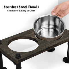 Raised Dog Bowl Stand for Large Dogs | 2 Stainless Bowls & Waterproof Wood Base | Rustic Brown & Durable