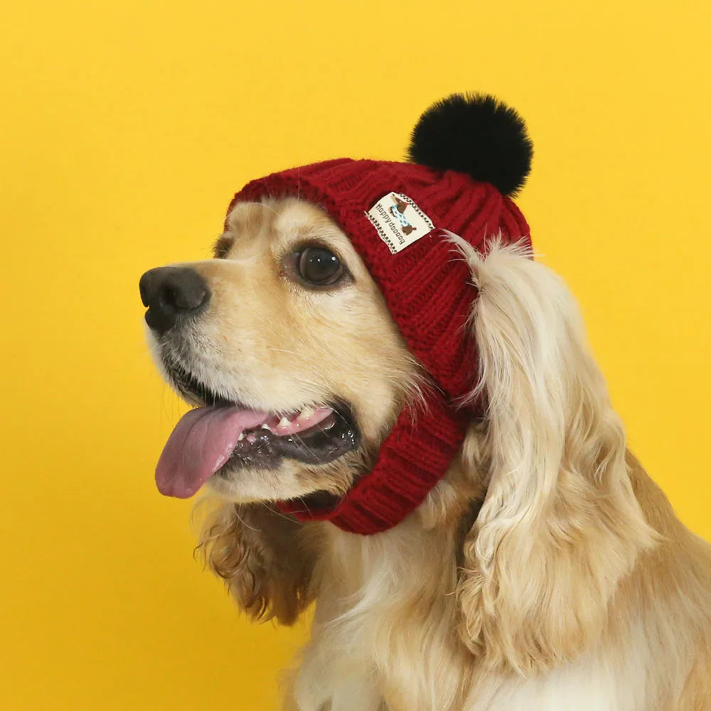 Christmas Dog Caps Winter Warm Knit Beanie with Faux Fur Pom Skull Cap for Dogs Cats Ear Exposed Cozy Pet Hats for Cold Weather