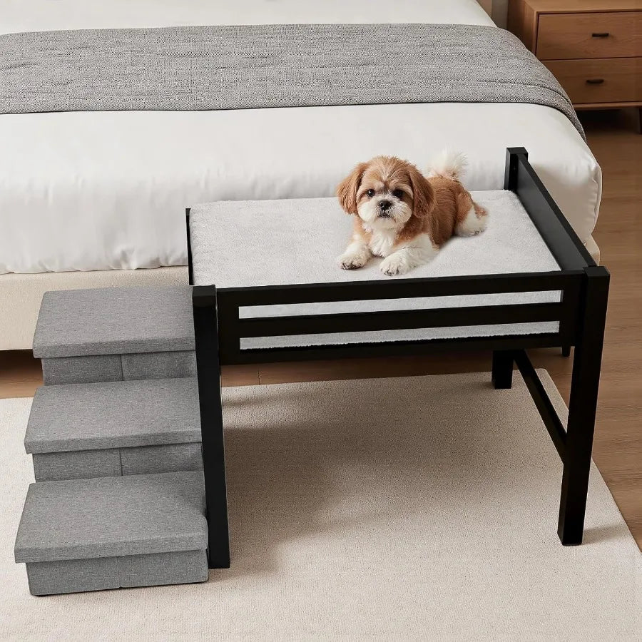Bedside Dog Bed with Stairs for Medium Dogs: 35×23 Wooden Elevated Pet Bed with Foldable 3-Step Stairs Removable Mattress Guard