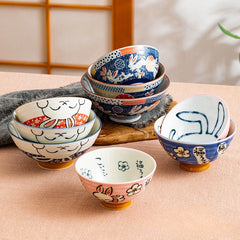 Japanese Cartoon Rabbit Ceramic Bowl, Household Underglaze Color Cute Rice Bowl, Kitchen Tableware Soup Bowls,moving Gift Set