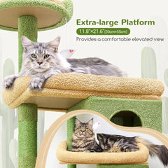 Sturdy 72 Cactus Cat Tree for Large Cats, Ideal for Maine Coons Over 20 lbs with 6 Scratching Posts, Hammock, Green S72