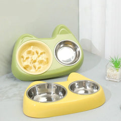 2-in-1 Pet Slow Feeder Bowl with Double Stainless Steel Bowls - Anti-Choking Food & Water Bowl for Dogs/Cats,