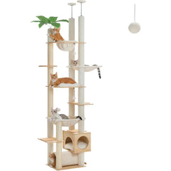 Floor to Ceiling Cat Tree,93.3''-100.8'' Height Adjustable Wooden Cat Tower, Tall Modern Climbing Tree with Large Hammock, Soft