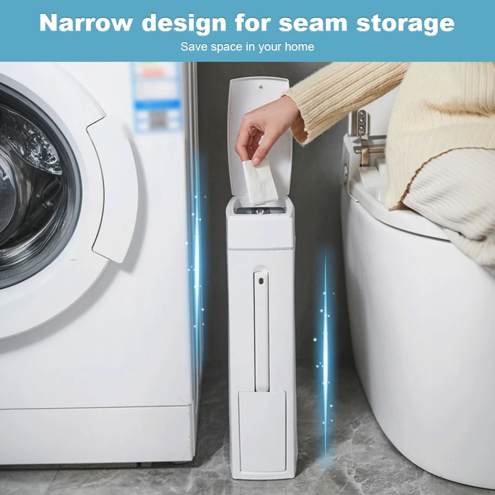 Slim Trash Can with Cleaning Brush and Lid Plastic Waste Basket Bathroom Trash Can for Bathroom Narrow Space