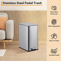 2.6 Gallon (10 L) Trash Can, Stainless Steel Kitchen Garbage Can, Recycling or Waste Bin, Soft Close, Step-On Pedal, Silver