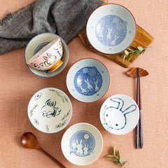 Japanese Cartoon Rabbit Ceramic Bowl, Household Underglaze Color Cute Rice Bowl, Kitchen Tableware Soup Bowls,moving Gift Set