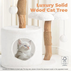 Luxury Wooden Cat Tower with Scratching Posts and Flower Platforms for Small Cats, White Modern Cat Condo