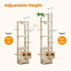 Floor to Ceiling Cat Tree,93.3''-100.8'' Height Adjustable Wooden Cat Tower, Tall Modern Climbing Tree with Large Hammock, Soft