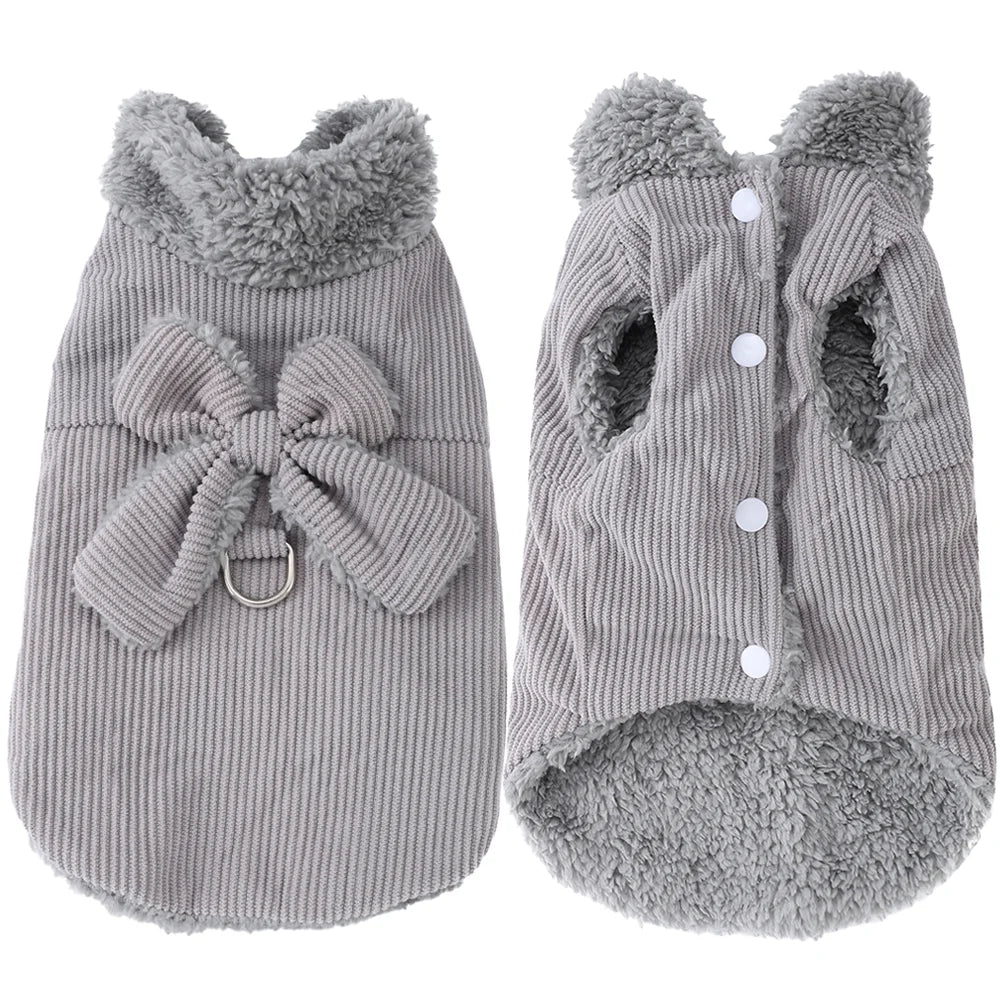 Winter Warm Cat Costume Corduroy Bow Puppy Kitty Coat With D-ring Cute Pet Jacket for Small Medium Dogs Cats Sphynx Pug Costume