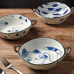 7.5inch Japanese Noodle Bowl With Dual Handles Cat Ceramic Salad Bowl Cat Plant Flower Pattern Kitchen Soup Tableware Bowl