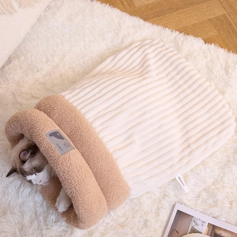 Warming Plush Cat Sleeping Bag: Enclosed Snuggle Sack with Burrow Entry for Winter - Cozy Fuzz Sleeping Bag for Anxious Cats