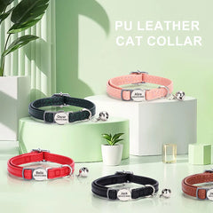 Custom Cat Collar Personalized PU Leather Kitten Puppy Collars Free Engraved ID Nameplate Necklace With Bell for cat Anti-lost