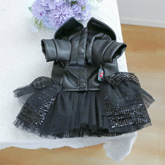 Fashion Cat Puppy Sequin Dress Soft Leather Top with Lace Skirt for Female Small Dogs And Cats Autumn Winter Pets Clothes