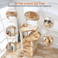 Wooden Cat Tree for Indoor Cats, 62-Inch Tall Cat Tower with Scratching Post for Large Cats, Solid Wood Cat Condo with Handwoven