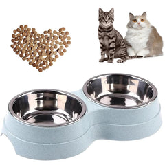 Stainless Steel Double Pet Bowl Wheat Straw Base Dog Cats Feeder Cat Puppy Feeding Food Water Container Dispenser Pet Supplies