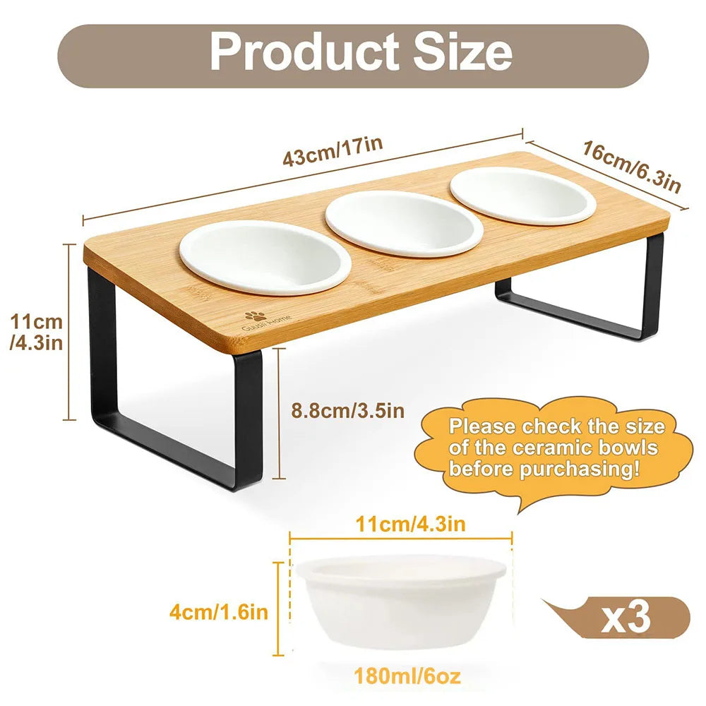 Bamboo Tilted Dual Pet Bowl Stand, Anti-Slip Elevated Dog Cat Feeder with 3 Ceramic Bowls for Neck Relief