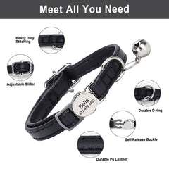 Custom Cat Collar Personalized PU Leather Kitten Puppy Collars Free Engraved ID Nameplate Necklace With Bell for cat Anti-lost