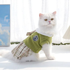 Kawaii Pet JK Plaid Skirt Knitted College Style Cat Clothes Small Medium Size Comfortable Design Dog Dress Autumn/Winter