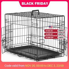 JHK Double Door Folding Metal Wire Dog Cage with Plastic Leak-Proof Pan Tray Extra Large Pet Kennel for Indoor Outdoor Travel
