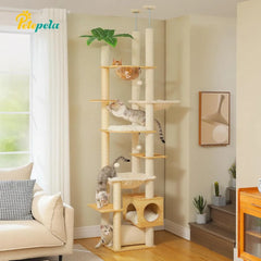 Floor to Ceiling Cat Tree,93.3''-100.8'' Height Adjustable Wooden Cat Tower, Tall Modern Climbing Tree with Large Hammock, Soft