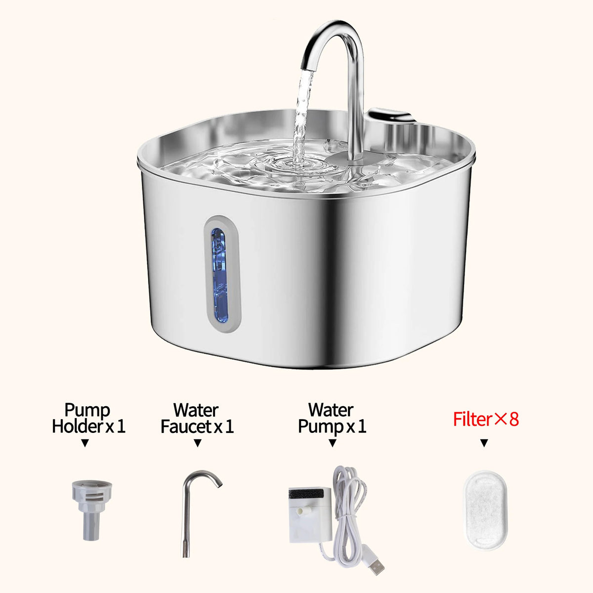 2.2L Stainless Steel Cat Water Fountain,Pet Water Dispenser With Filter,Dog Drinking Fountain For Cats,Ultra Quiet Water Pump
