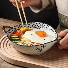7.5inch Japanese Noodle Bowl With Dual Handles Cat Ceramic Salad Bowl Cat Plant Flower Pattern Kitchen Soup Tableware Bowl