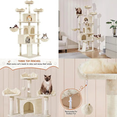 Large Multi-Level Cat Tower for Big Cats, 76.5 High with 3 Condos, Perches, 9 Scratching Posts, and 2 Balls for Climbing and Pla