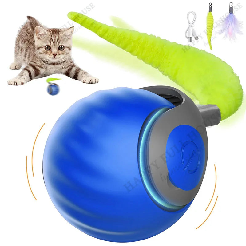 Interactive Cat Toy Balls, Automatic Toys for Cat with Replacement Tail, 2 Adjustable Modes, USB-Rechargeable Indoor Kitten Toy