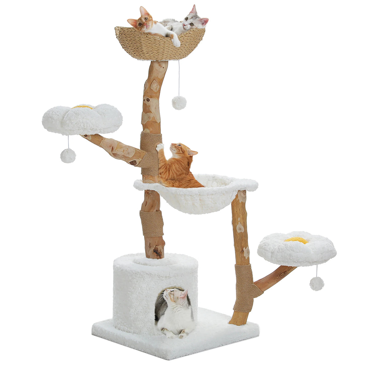 Modern Cat Tree for Large Cats Wood Cat Tower with Wicker Baskets Bed Scratching Posts Soft Hammock Luxury Boho Cat Furniture