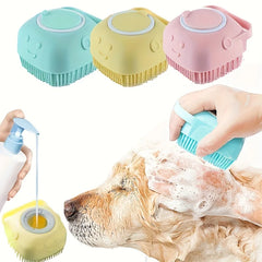 Silicone Soft Rubber Pet Massage Shower Brush with Builtin Shampoo Storage Self Cleaning Detangling for Dogs Cats Grooming Brush