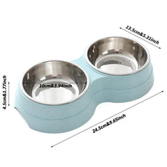 Stainless Steel Double Pet Bowl Wheat Straw Base Dog Cats Feeder Cat Puppy Feeding Food Water Container Dispenser Pet Supplies