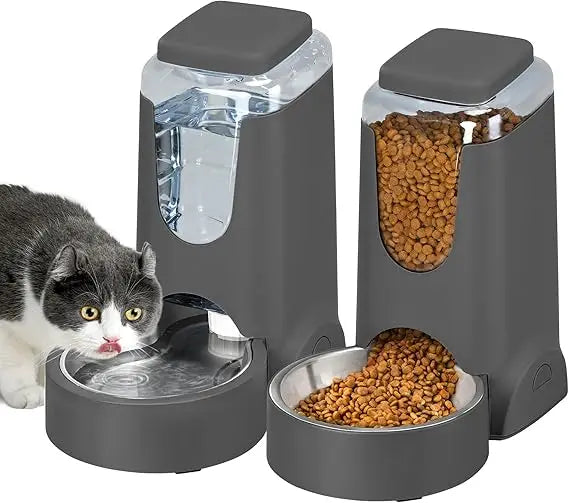 2 Pack Automatic Cat Feeder and Stainless Steel Water Dispenser, Gravity Dog Waterer Set Food Feeder and Waterer Set for Small M