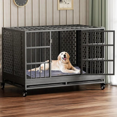 48 Inch Heavy Duty Dog Crate with Wheels Folding Metal Big Dog Cage for Large and Medium Dogs Extra Large XL XXL Indestructible