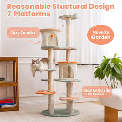 63-inch Cat Tree for Large Cats, Multi-Level Flower Tower with Condo, Sisal Scratching Posts & Toy Balls, Sturdy & Safe Indoor