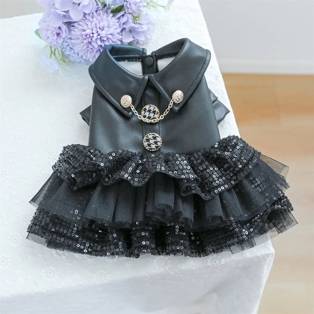 Fashion Cat Puppy Sequin Dress Soft Leather Top with Lace Skirt for Female Small Dogs And Cats Autumn Winter Pets Clothes