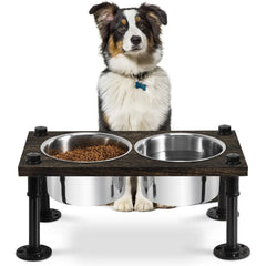 Raised Dog Bowl Stand for Large Dogs | 2 Stainless Bowls & Waterproof Wood Base | Rustic Brown & Durable