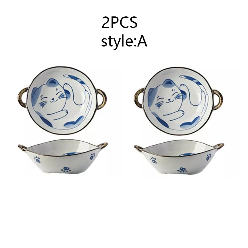 7.5inch Japanese Noodle Bowl With Dual Handles Cat Ceramic Salad Bowl Cat Plant Flower Pattern Kitchen Soup Tableware Bowl