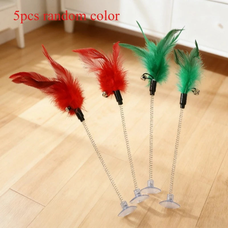 5pcs Cat Teaser Stick Toy Spring Suction Cup Feather Squeaky Interactive Kitten Toy Bite-resistant Training Cat Toy Supplies