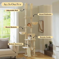 Floor to Ceiling Cat Tree Height (85-112 Inches) Adjustable, Tall Cat Tower 7 Tiers Activity Climbing Tower, Large Cat Tree with