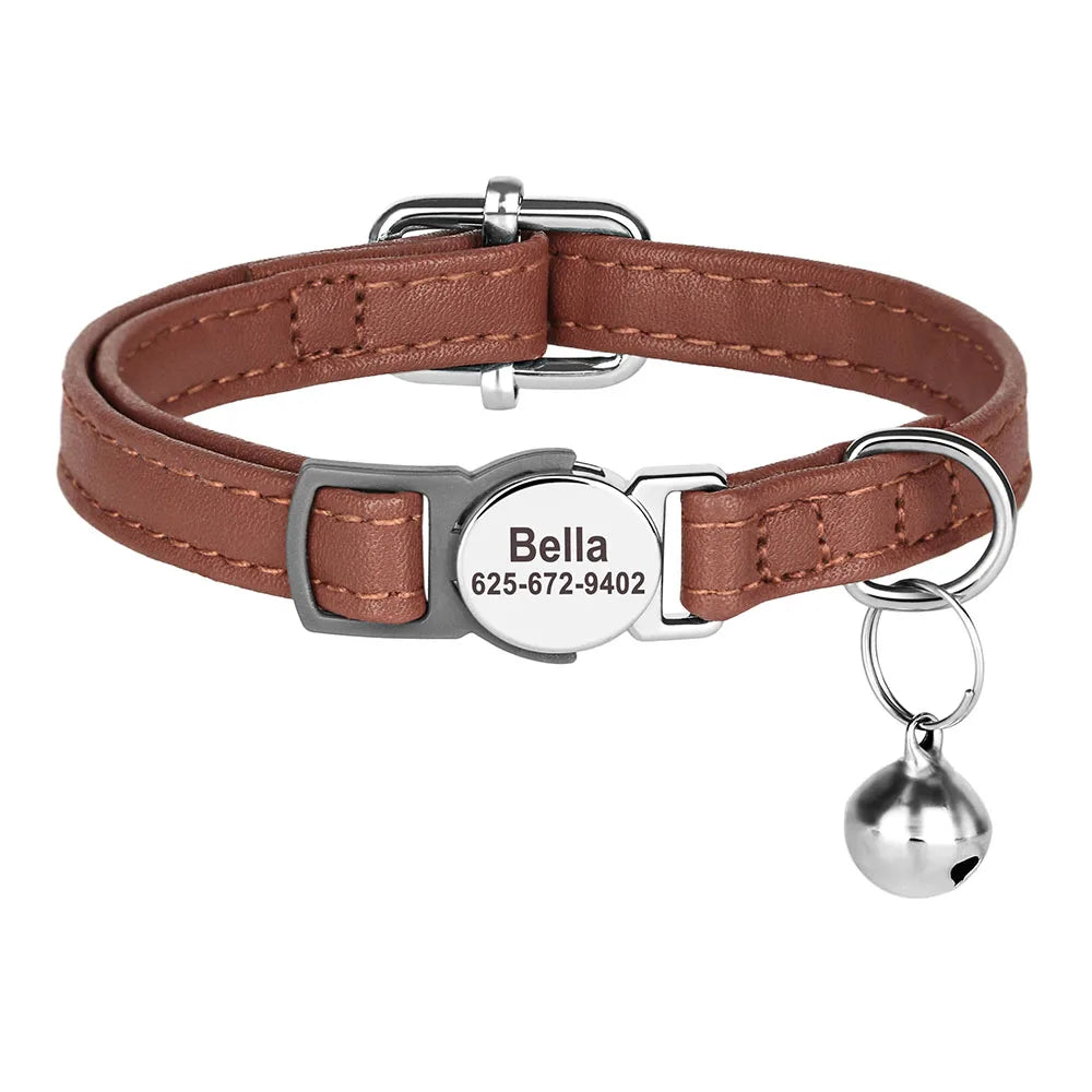Custom Cat Collar Personalized PU Leather Kitten Puppy Collars Free Engraved ID Nameplate Necklace With Bell for cat Anti-lost