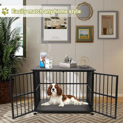 Heavy-Duty Wooden Dog Crate with Side Door, 32 Inch Pet Cage Furniture, Decorative End Table Kennel