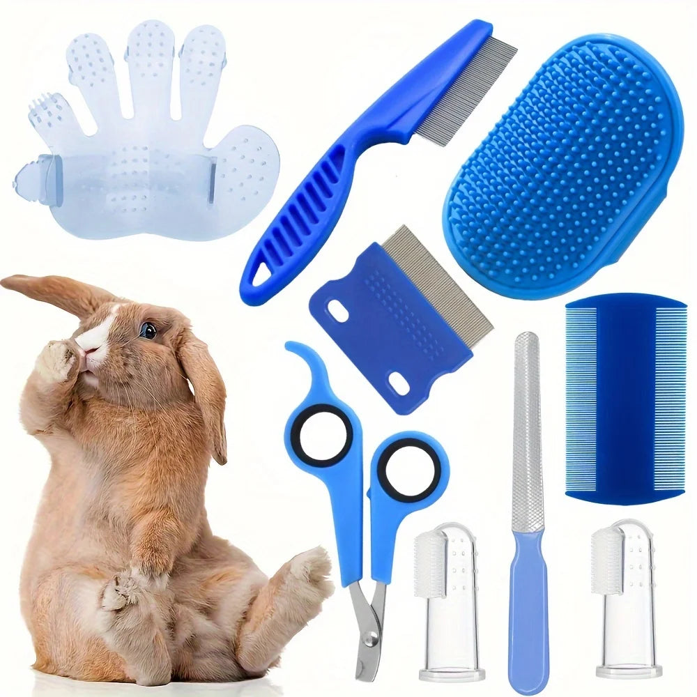 9-piece cat and dog brush beauty set, pet self-cleaning brush with pet nail clippers and files, flea dog comb, pet shower brush
