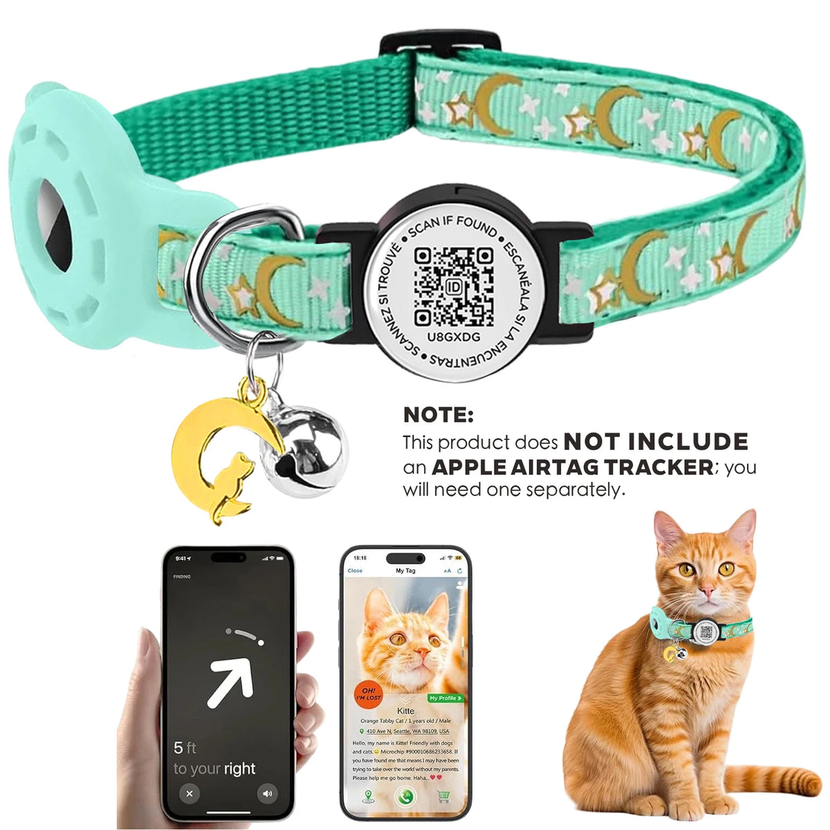 AirTag Cat Collar Breakaway with Bells, Glow Anti-Lost Kitten Collar with Airtag Holder for Apple Tag, with Pet QR Code Name Tag