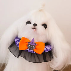 Halloween Pet Collar & Bandana Set for Cats & Dogs – Lace Pumpkin Bat Wing Bow Tie Accessories for Small & Large Pets