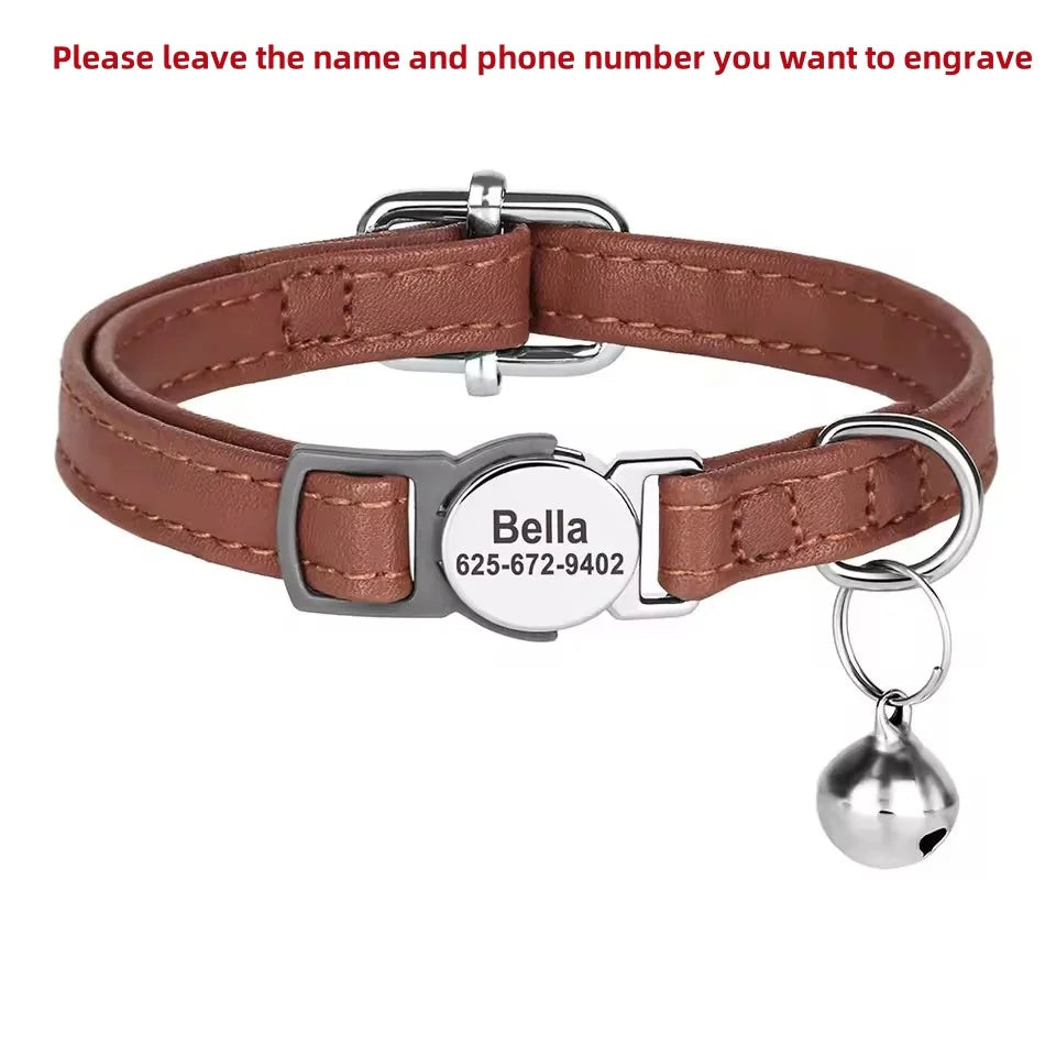 Personalized Cat Collar PU Leather Cat Safety Collars Adjustable Kitten Necklace With Free Engraved ID Nameplate Bell Gift