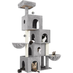 70inch Tall MultiLevel Cat Tree Tower with 4 Cat Condos 3 Scratching Posts 2 Hanging Baskets Padded Top Perch for Multiple Indo